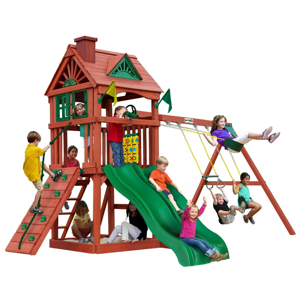 Gorilla Playsets Double Down II Wooden Swing Set with 2 Slides, Built