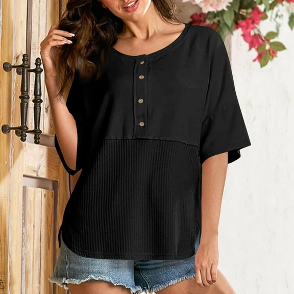 IROINNID Women's 3/4 Sleeve Casual Knit Tops with Patchwork Buttons Fashion Basic Soft Tee,Breathable Work and Vacation Wear(Black,)