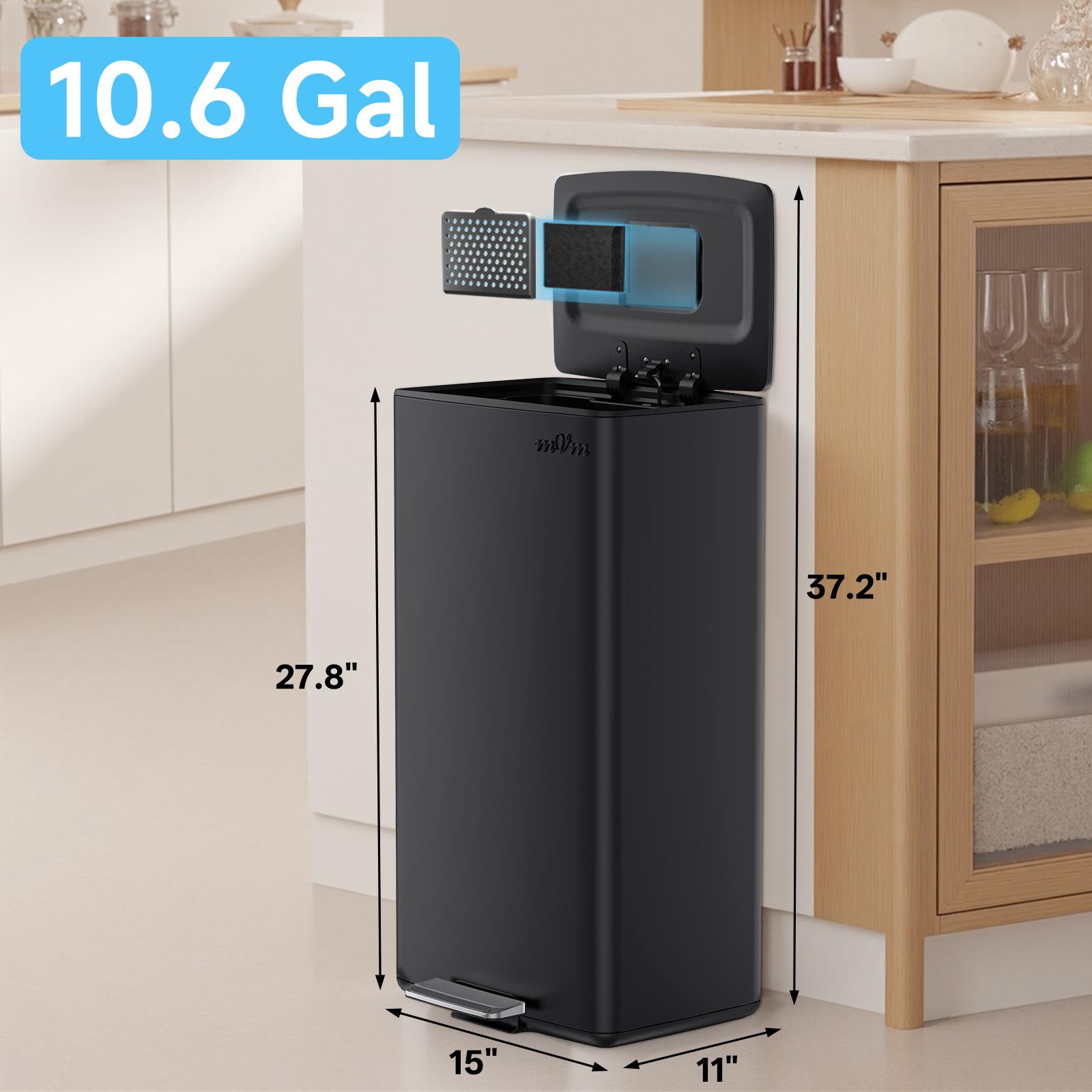 mVm Black Trash Can, 10.6 Gal Stainless Steel Kitchen Trash Can with Foldable Pedal (Black)