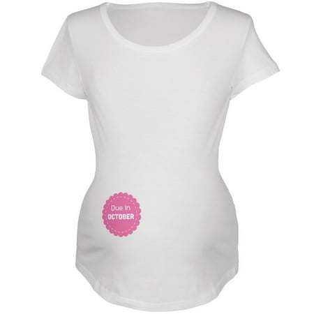 Due Date Calculator Pregnant - Due in October Pink Girl Badge White Maternity Soft T-Shirt