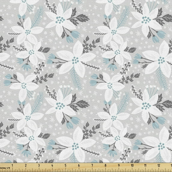 Flower Fabric by the Yard Flower Blossom with Dots and Snowflake Background Greyscale Design Decorative Upholstery Fabric for Chairs & Home Accents by Ambesonne