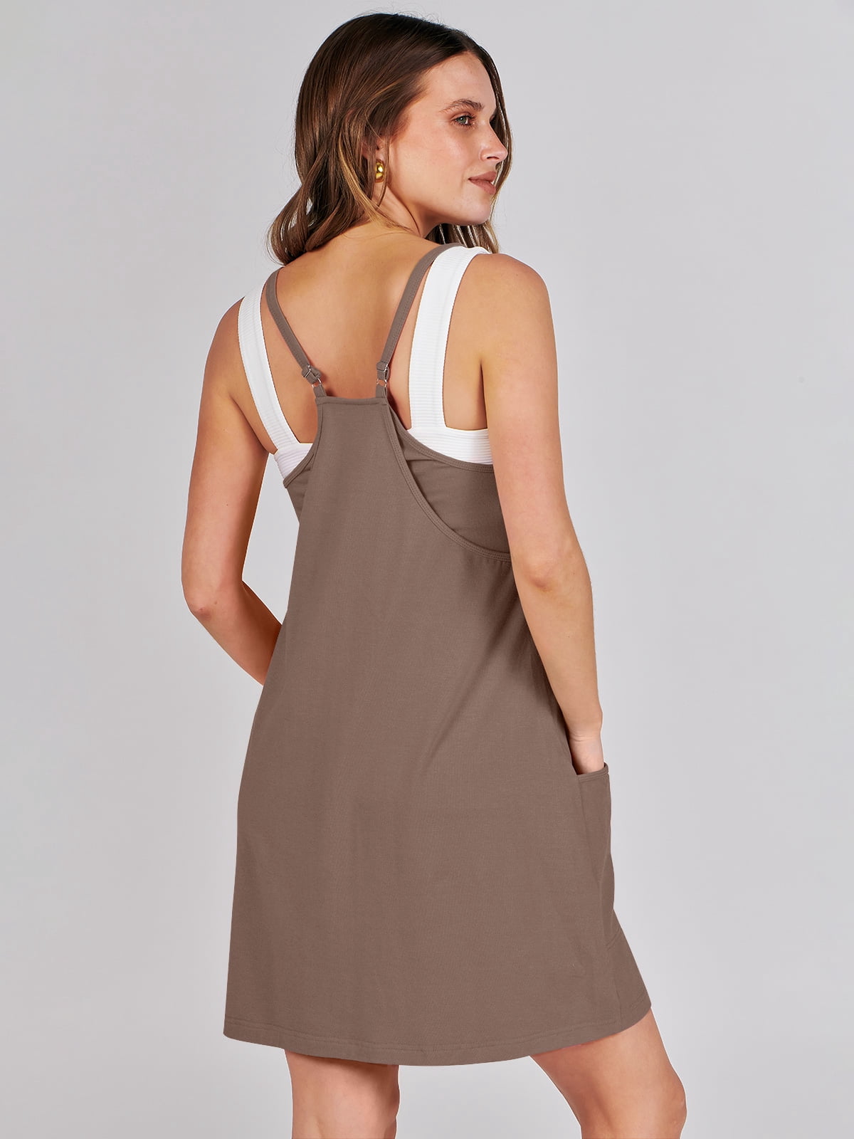 ANRABESS Athletic Dress for Women Tennis Dress with Shorts Summer Active Workout Romper Dress Sleeveless Spaghetti Strap Mini Dress Casual Sundress Vacation Outfits Coffee XXL