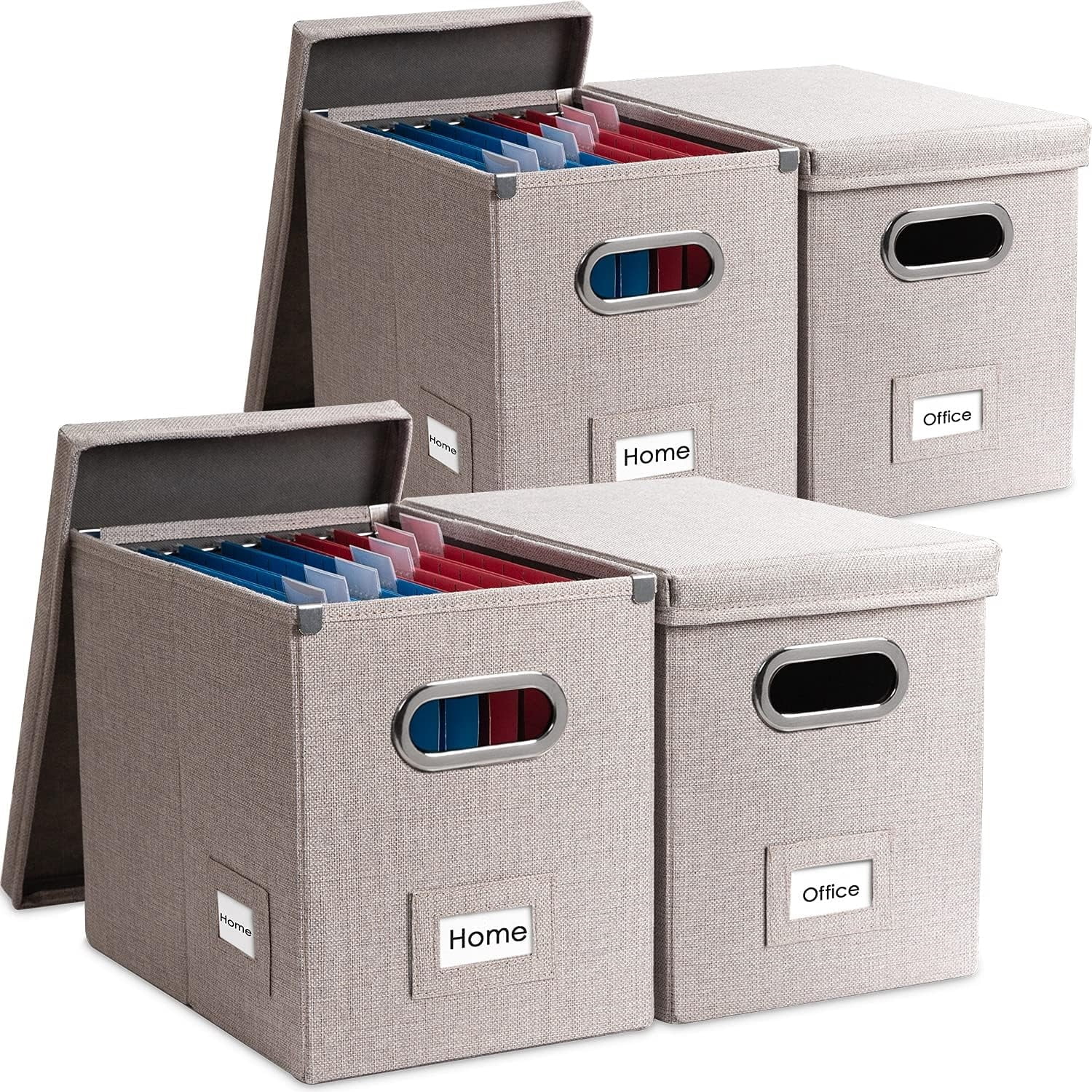 File Organizer Box - Set of 4 Collapsible Decorative Linen Filing Storage Hanging File Folders with Lids Office Cabinet Letter Size Light Grey (14x9.3x10.8 inch)
