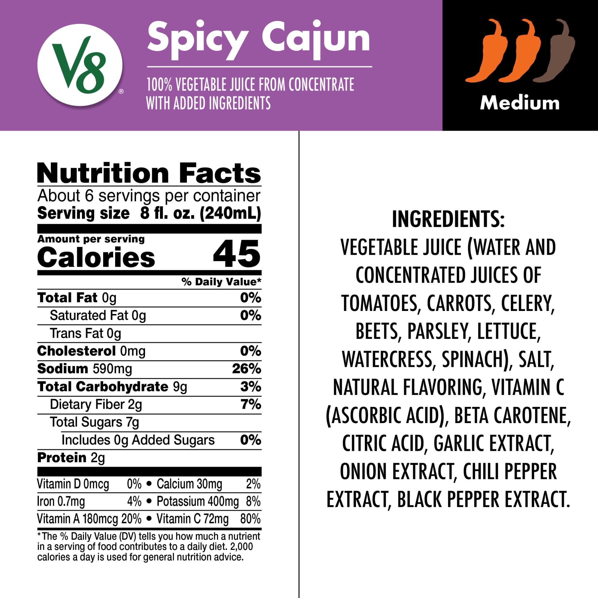 (6 pack) V8 Spicy Cajun 100% Vegetable Juice, 46 fl oz Bottle