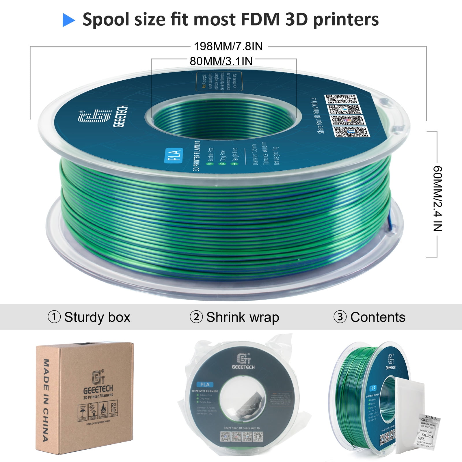 Geeetech 5pcs anti-pulling type 3D Printer PLA Filament 5KG（11ibs） Toughness Enhanced Filament with 1.75mm Dimensional Accuracy +/-0.03mm, Vacuum Packaging Two-tone blue and green