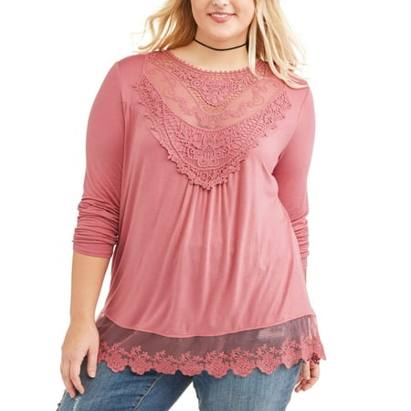 Junior Plus Long Sleeve Crochet Trim Floral Applique Victorian Top