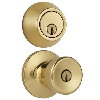 Hyper Tough Keyed Entry Tulip Style Doorknob and Deadbolt Combo, Polished Brass Finish