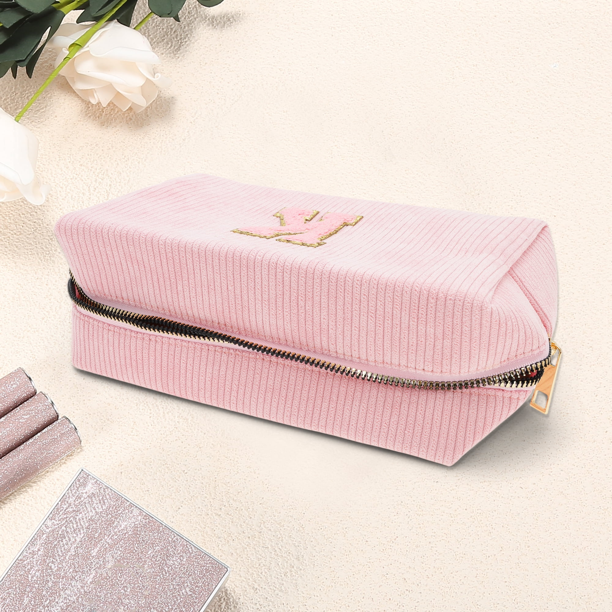 Unique Bargains 1 Pc Corduroy Rectangular Letter Makeup Bag Pink [Letter K]
