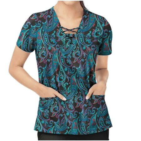 

UDAXB Womens Nursing Scrub Tops Valentine s Day Love Heart Printed Working Uniform Short Sleeve V-Neck Workwear Blouse T-shirt with Pockets