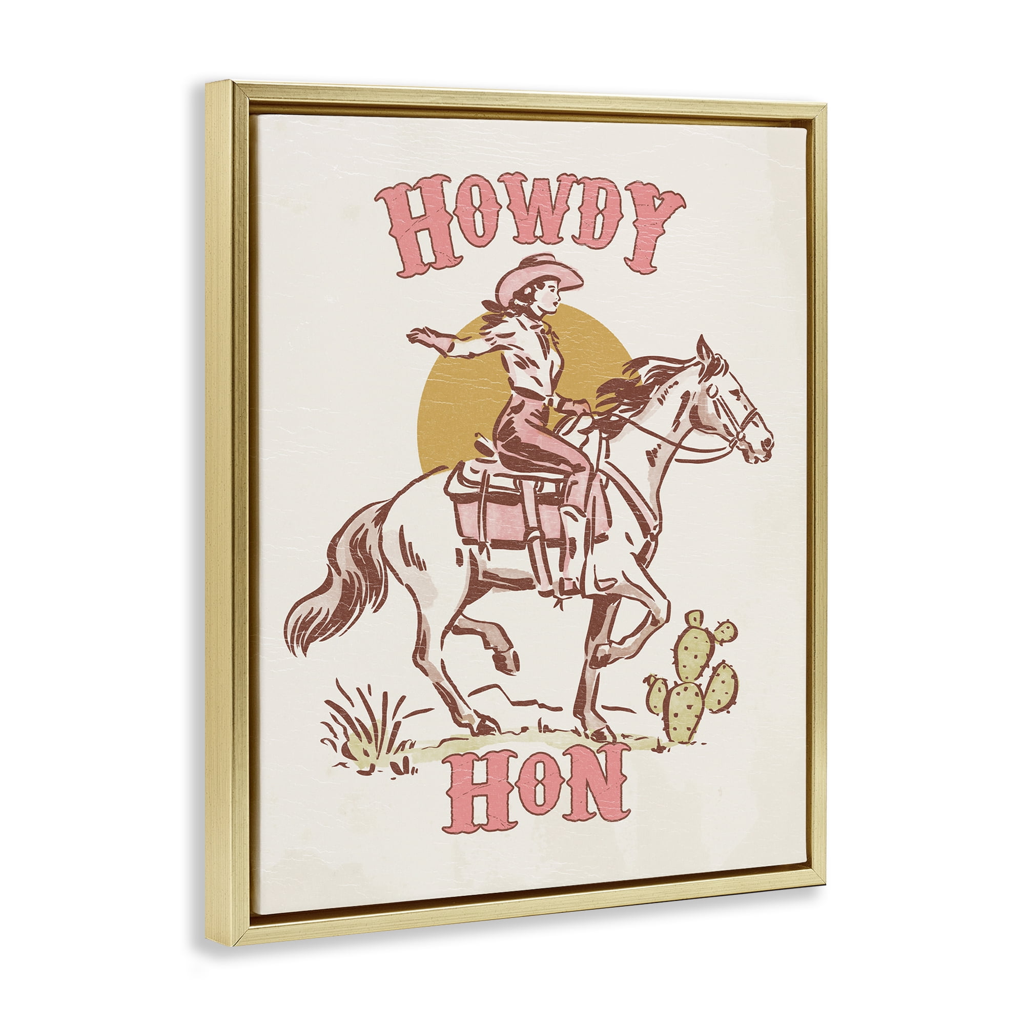Stupell Industries Howdy Hon Cowgirl Entertainment Painting Gold Floater Framed Canvas Art Print Wall Art, 25 x 31