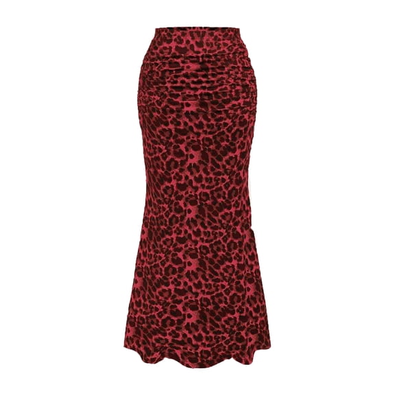 LWavelet Leopard Print Ruched Mermaid Midi Skirt Women Trendy Fall Casual Stylish Versatile Bottoms Red XL