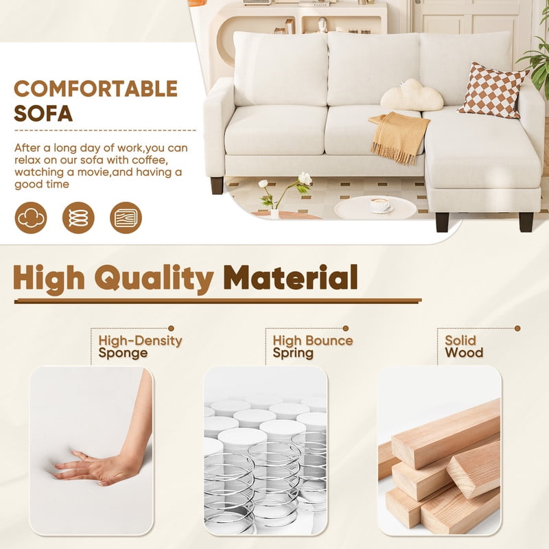 Furmax 70" Convertible Sectional Sofa Couch 3-Seat L-Shaped Small Sofa Couch with Reversible Chaise for Small Living Room, Apartment and Small Space, Linen White