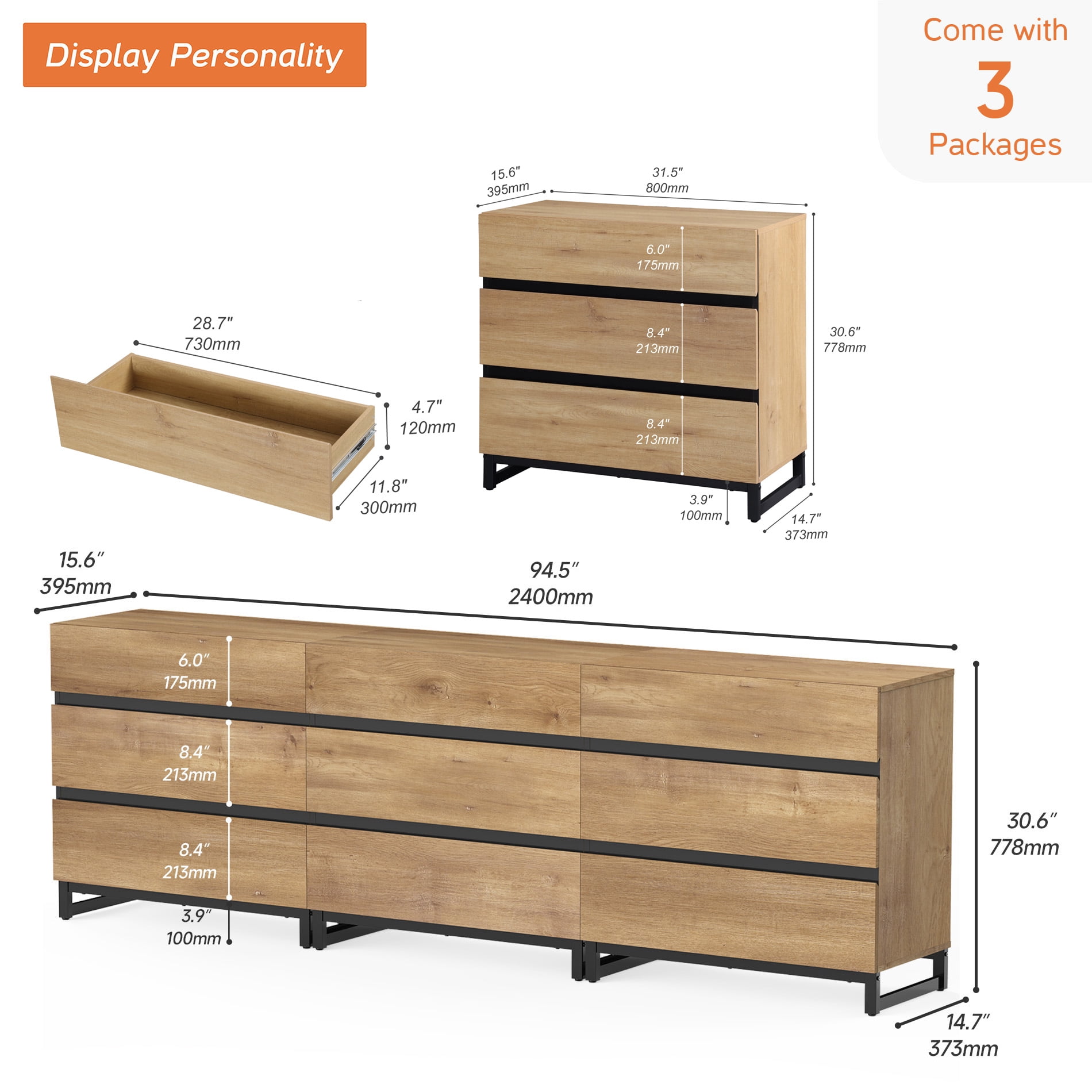 3 In 1 Multifunctional Sideboard Buffet Cabinets, Modern Sideboard With Adjustable Shelf And 9 Drawers, Coffee Bar Cabinet Storage Cabinet For Living Room, Kitchen,Oak