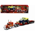 thumbnail image 6 of Peterbilt 379 Truck with Lowboy Trailer Red w/Orange Flames and Monster Truck Yellow w/Blue Flames 1/32 Diecast Model by New Ray, 6 of 6