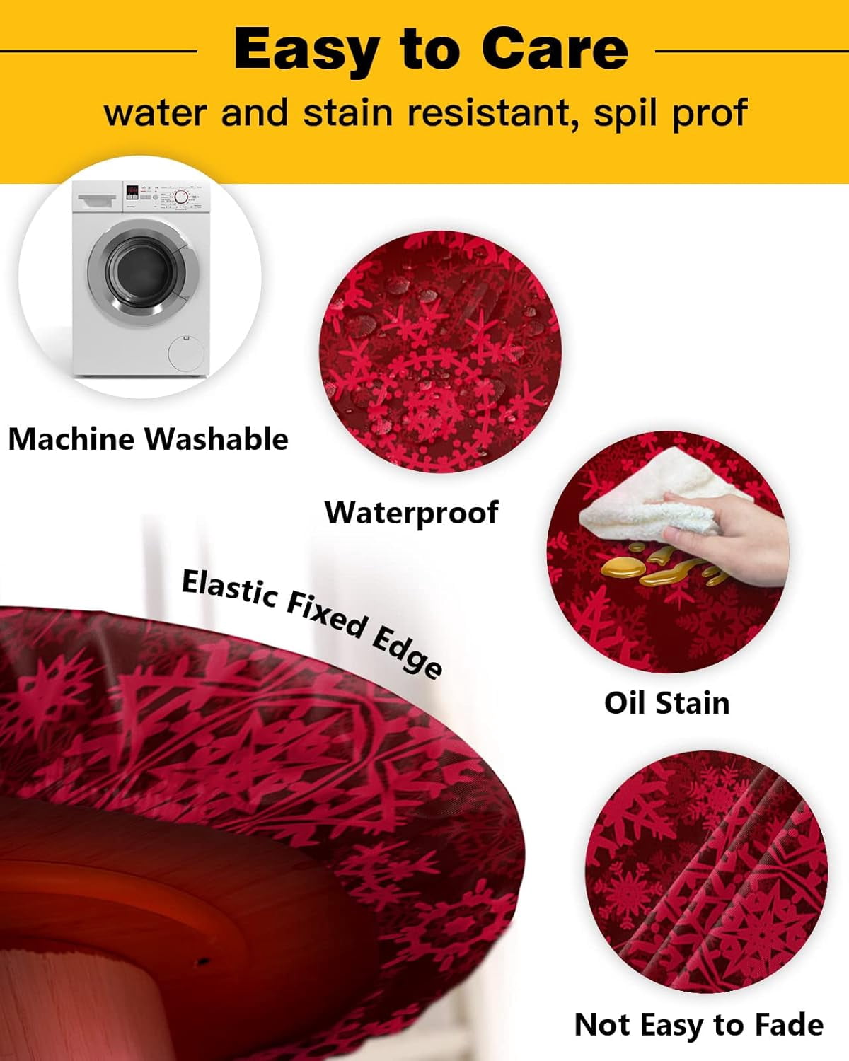 Christmas Snowflake Round Tablecloth Fitted Table Cover, Xmas Gradient Red Watercolor Art Elastic Tablecloths Waterproof Outdoor Indoor Stretch Cloth Tablecover for Dinner, Party, Shower, 36-44IN