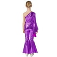 thumbnail image 3 of Aiihoo Kids Girls Shiny Metallic One Shoulder Flare Sleeve Dance Jumpsuit Unitard Bodysuit Purple 10, 3 of 7
