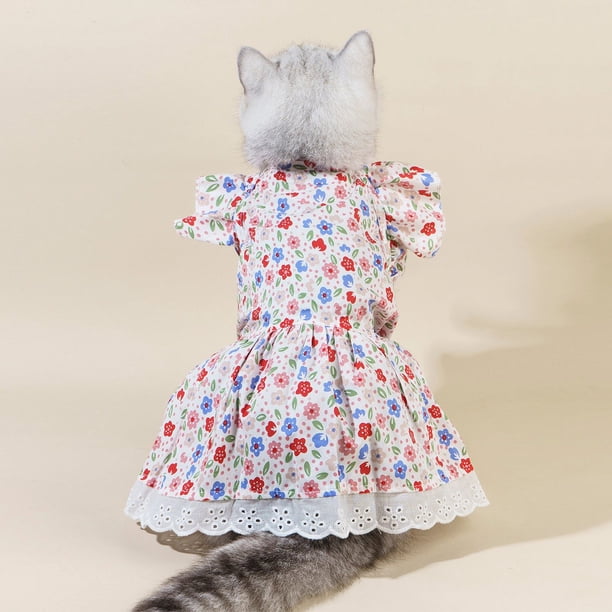 Ropa de algodón para mascotas, primavera y verano, vestido floral con mangas voladoras, ropa para gatos de peluche