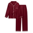 thumbnail image 1 of Conjunto de pijama de satén de manga larga para mujer: color liso, cintura elástica, comodidad de lujo para descansar y dormir, 1 of 4
