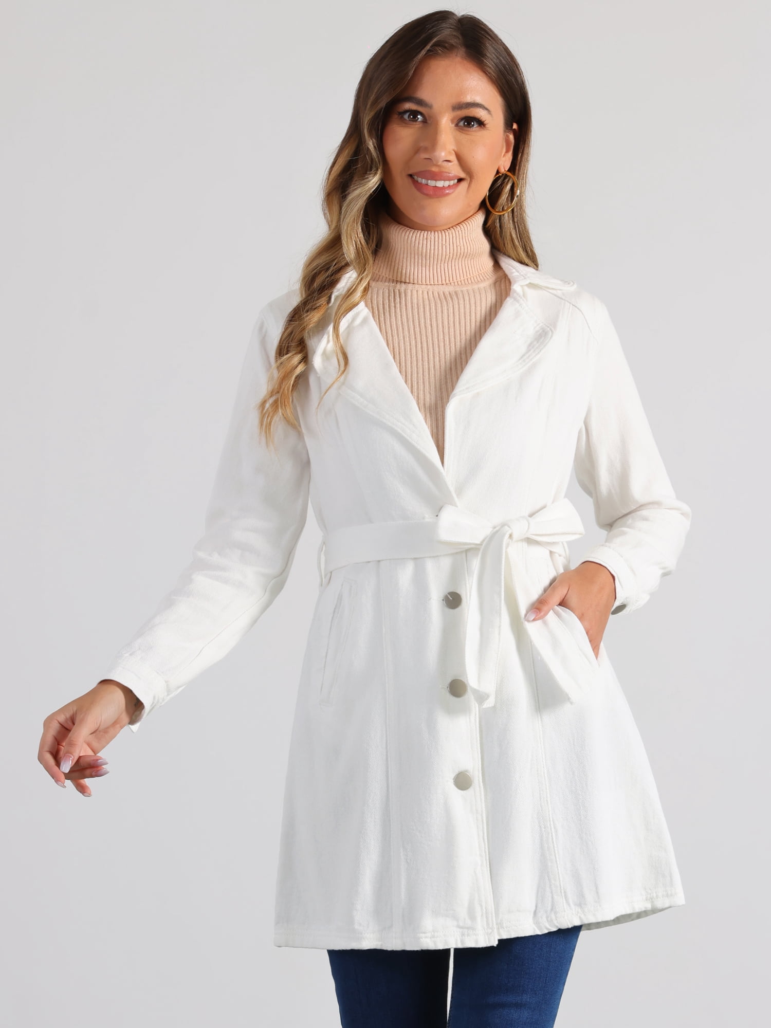 DARING DIVA Trench Jean Notched Lapel Long Sleeve Denim Jacket XL White