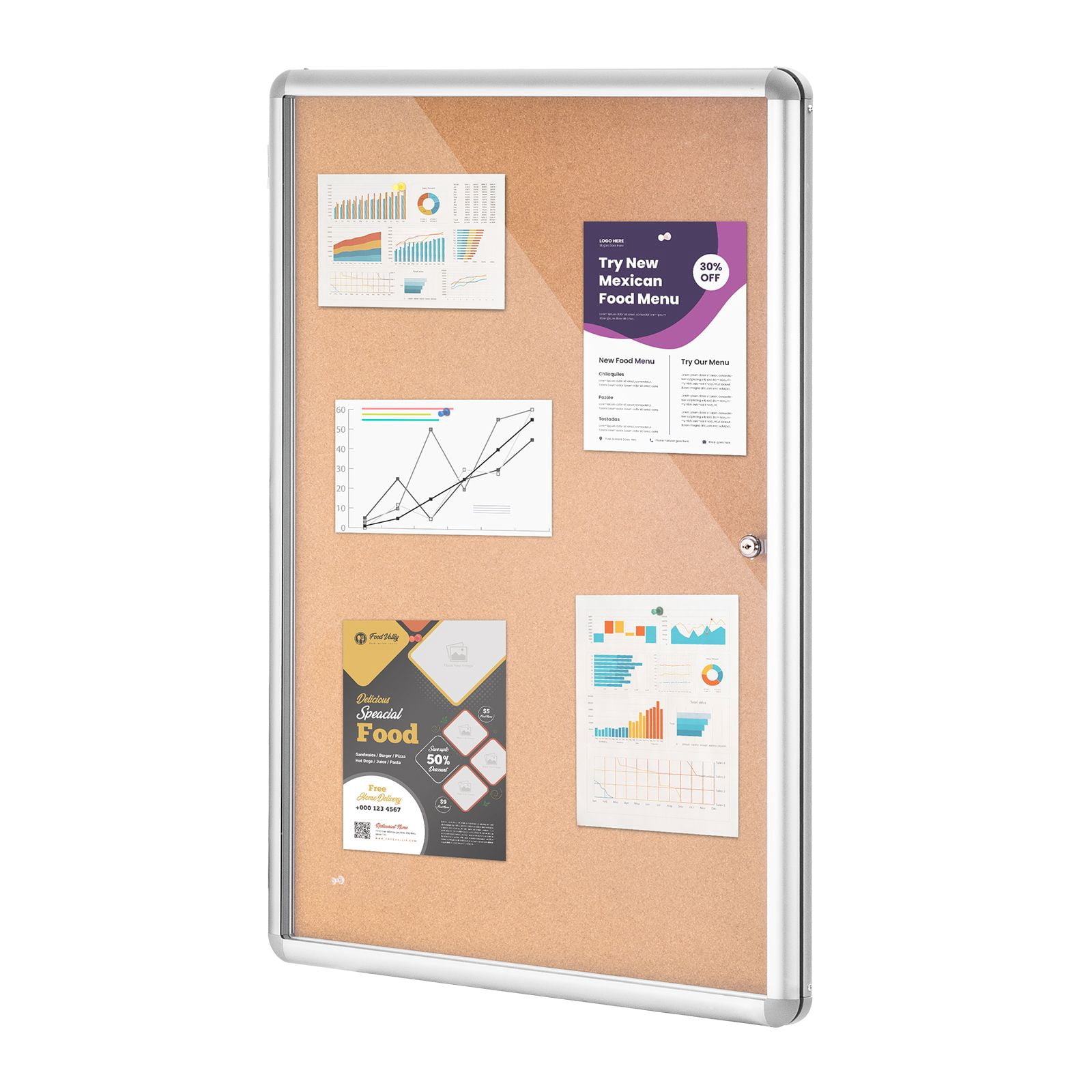 36X24 inch aluminum frame lockable weatherproof bulletin board with acrylic door, two keys, wall display cabinet, school home office
