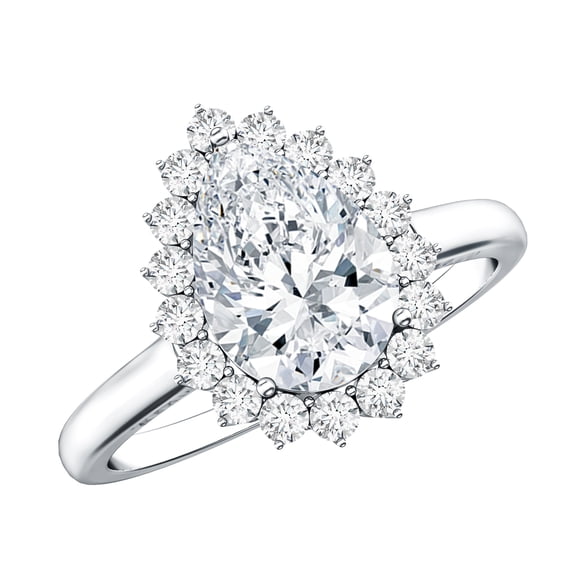 Rosec Jewels Moissanite Pear Shape Engagement Ring with Halo - 2 Carat - 7X10 mm - D-VS1 Quality Certified, 925 Sterling Silver, US 4.00