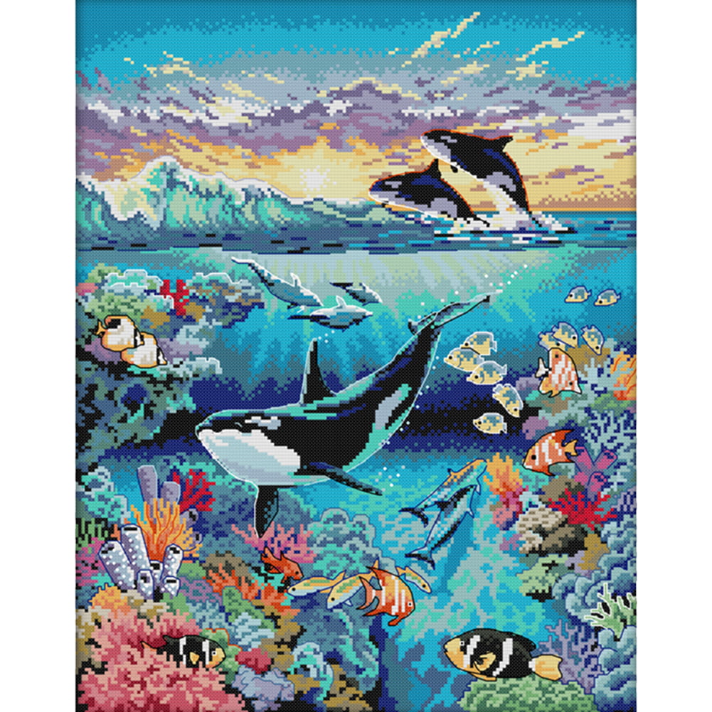 Cross Stitch Kits Cartoon whale and kid，Stamped Needlepoint Printed Pattern Kits for Home Decor Cross-Stitching Sewing Embroidery 11CT