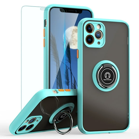 TJS Compatible with iPhone 11 Pro Max Case with Tempered Glass Screen Protector, 360 Degrees Rotating Metal Ring Magnetic Support Kickstand Cover (Light Blue)