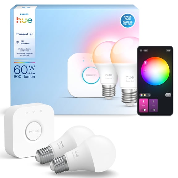 Philips Hue Essential White & Color Ambiance 2-Pack Starter Kit - 2x 60-Watt Equivalent (800lm) A19 General Purpose Light Buls (Medium Base) Hue Bridge