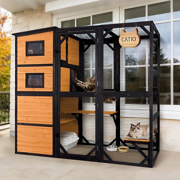 Aivituvin 77" Tall Catio Outdoor Cat Enclosure, Large Wooden Cat House with Waterproof Roof & 3-Tier Platforms, Walk-in Outside Cat Patio with Connectable Window Door for Multiple Cats (Orange)