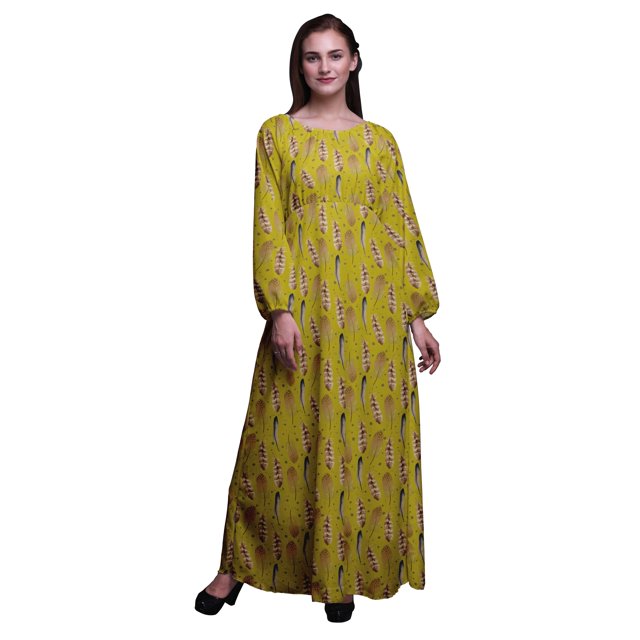 Bimba Robe Longue à Manches Longues en Mousseline de Soie Imprimée Aigle Plume pour Femmes - Grande Taille