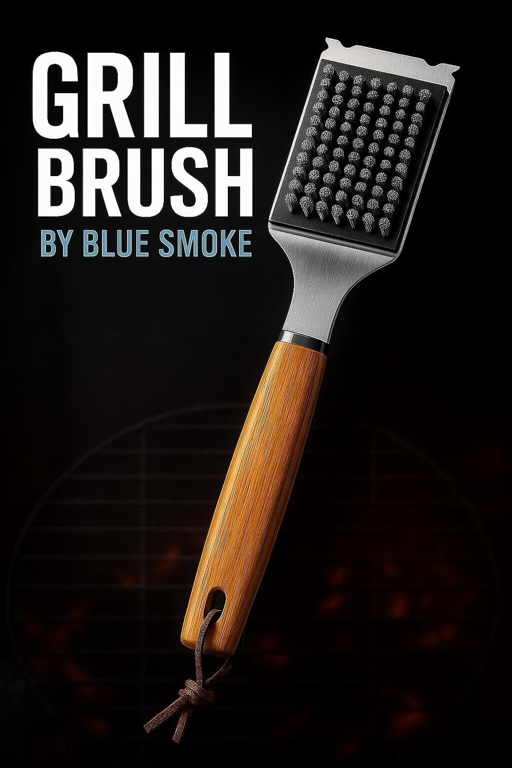 Grill Brush and Scraper – Heavy Duty BBQ Cleaner with Stainless Steel Bristles, Solid Wooden Handle & Leather Strap Barbecue Cleaning Tool for Gas, Charcoal, Smoker Grates