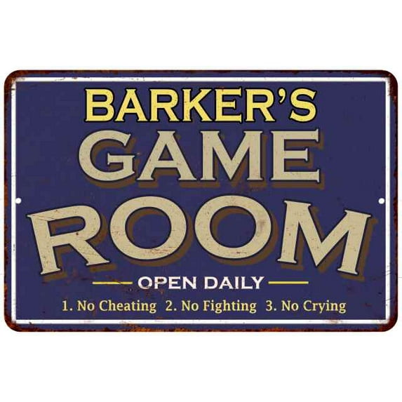 BARKER'S Blue Game Room Sign Metal 8 x 12 High Gloss Metal 208120002023