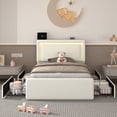 thumbnail image 2 of E-Motie Twin Size Bed Frame with 4 Storage Drawers and LED Lights, Upholstered Platform Bed with Adjustable Headboard and Charging Station, Metal Slats Support, White, 2 of 10