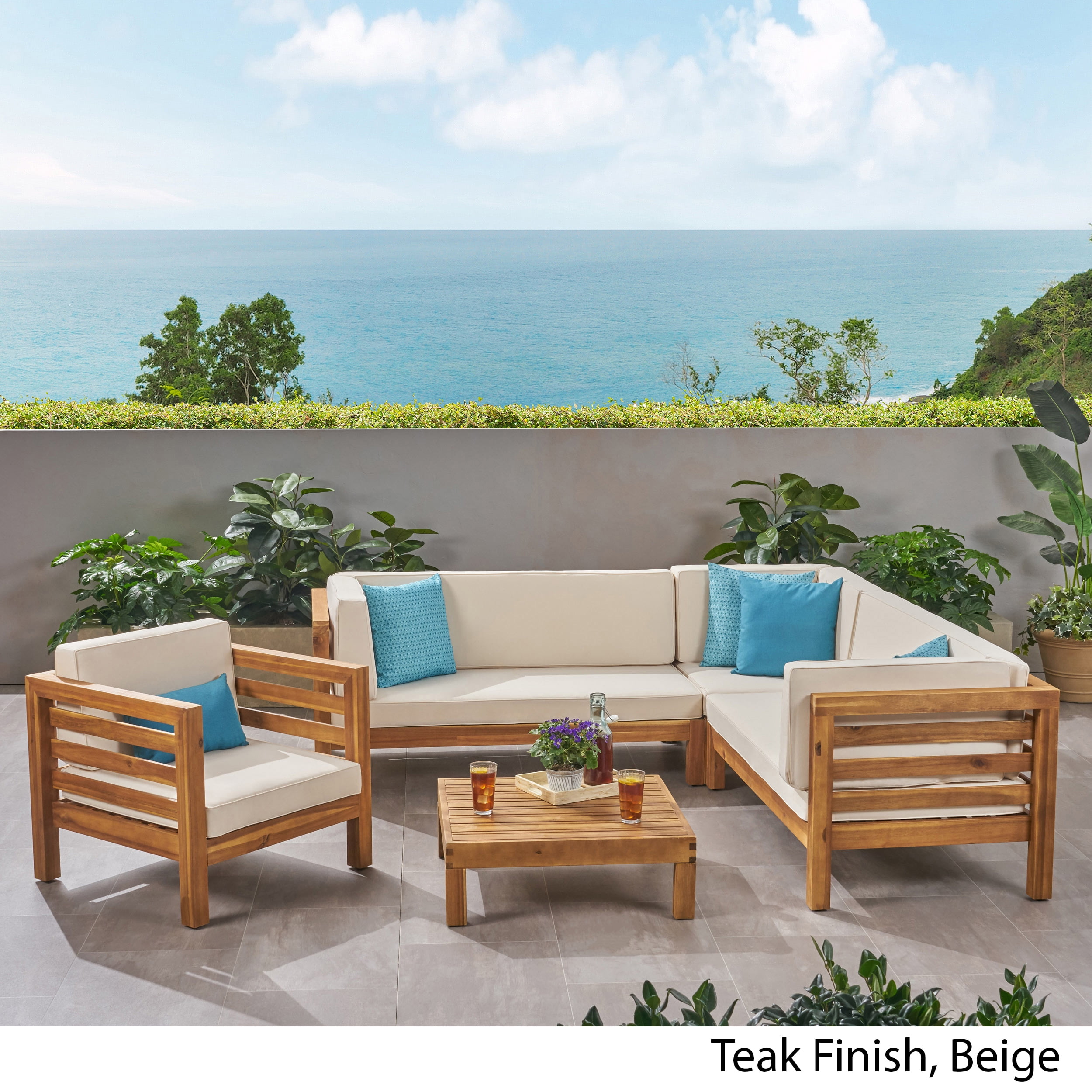 Frankie Outdoor 6 Seater Acacia Wood Sectional Sofa and Club Chair Set, Teak and Beige