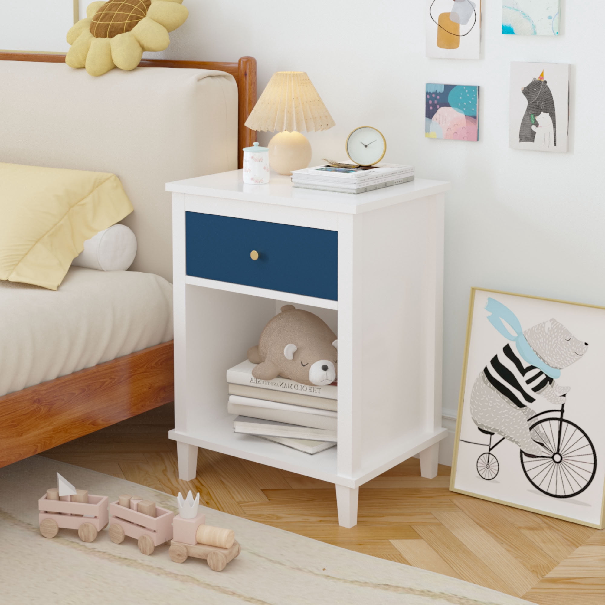 MAYEERTY 26.77" H Nightstand with Drawer & Open Shelf, Wooden Bedside End Side Table, for Kids Adults Bedroom Living Room Small Apartment Dorm
