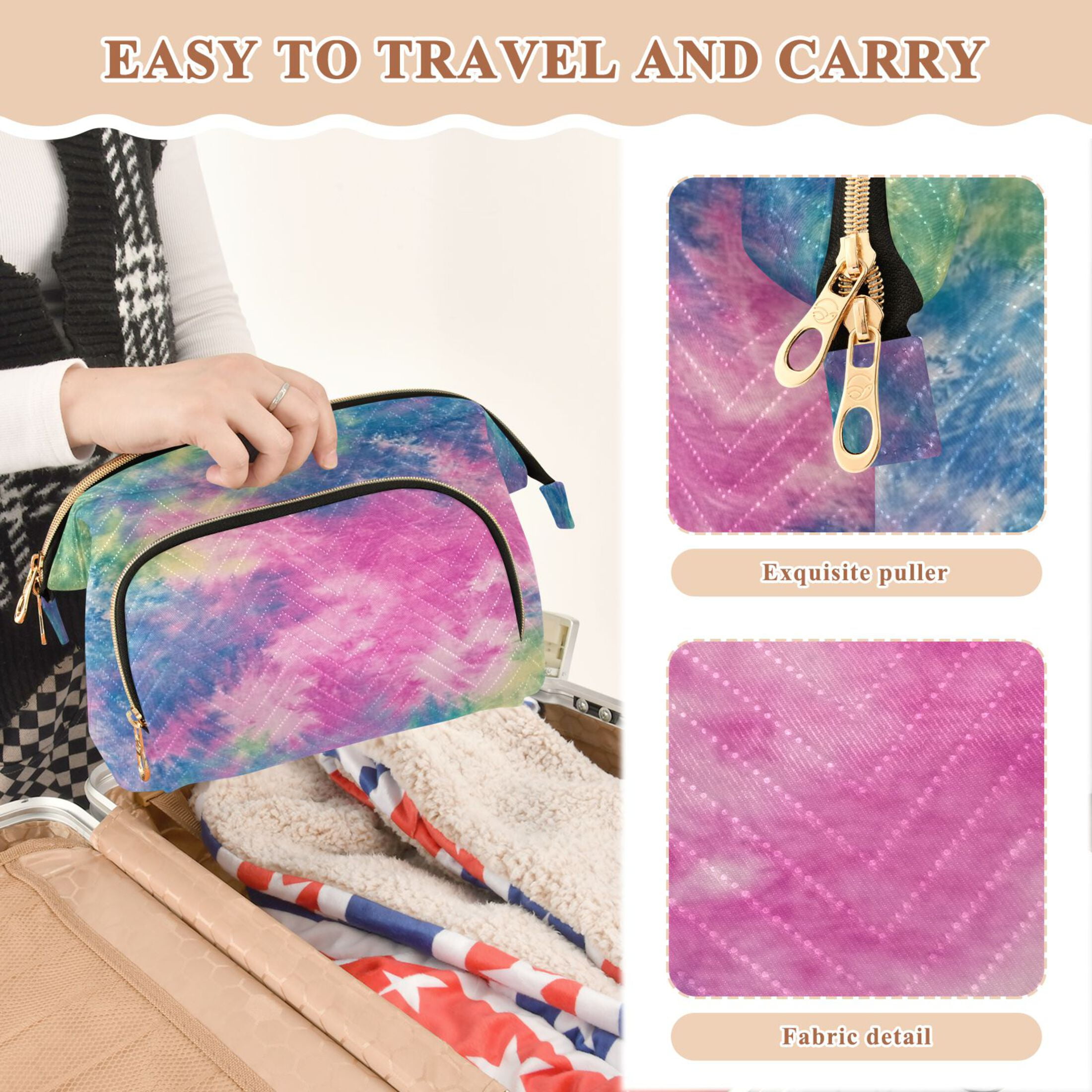 Wavy Quilted Cosmetic Bag Large-Capacity Travel Toiletry Organizer Includes 9-Piece Portable Travel Bottle Set Green Pink Blue Tie-dye