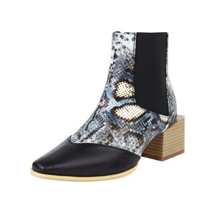 

KBKYBUYZ Women s Snake Print Color Block Thick Heel Small Square Toe Side Zipper Rider Ankle Boots
