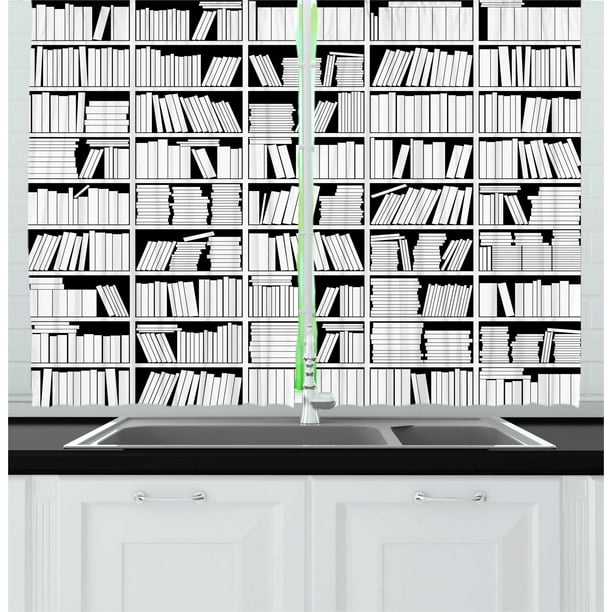 Library Curtains 2 Panels Set, Education Themed Monochrome Graphic of