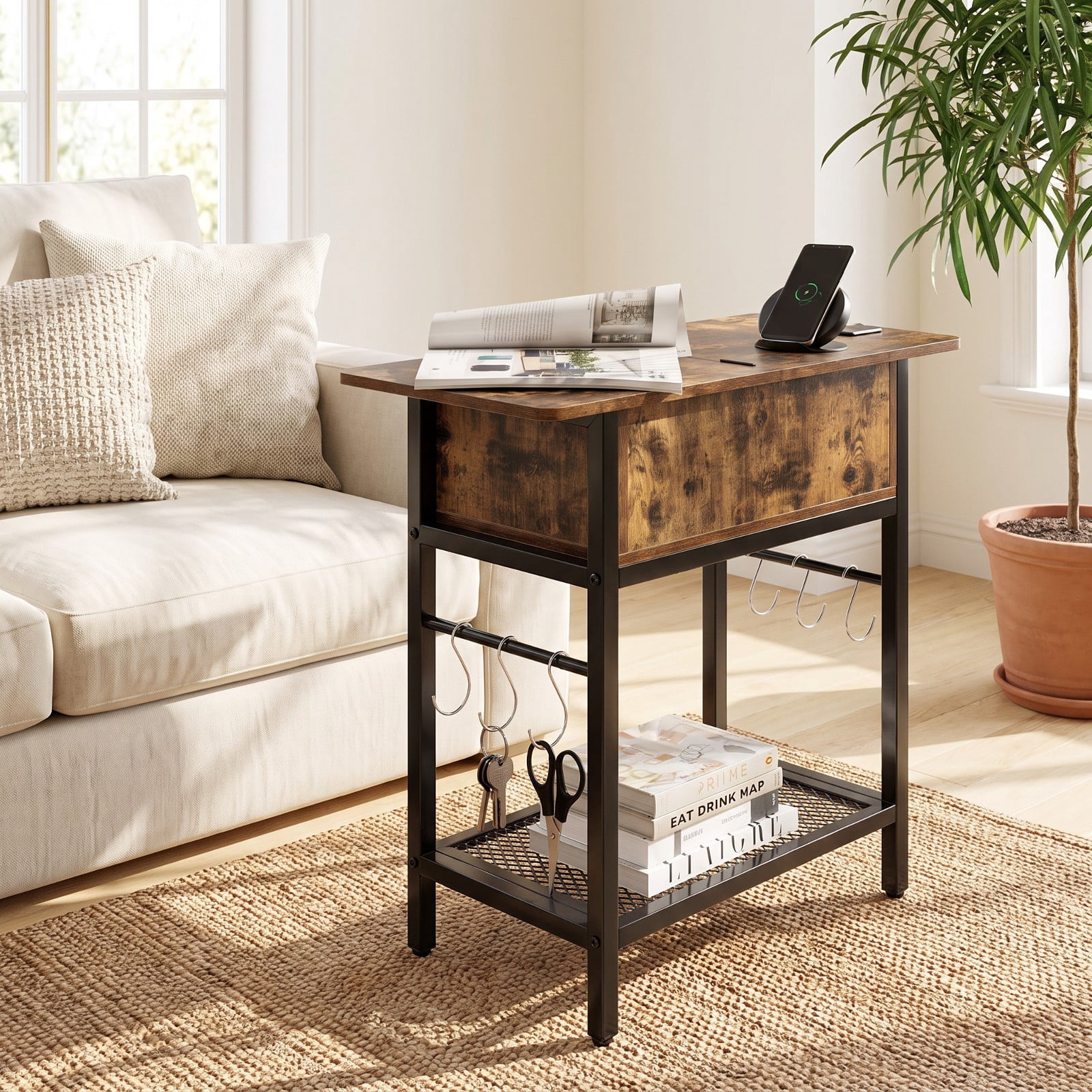 Furnibear Set of 2 End Table with Charging Station and Hidden Compartment USB Type C Ports and Bottom Shelf for Living Room Bedroom, Rustic Brown