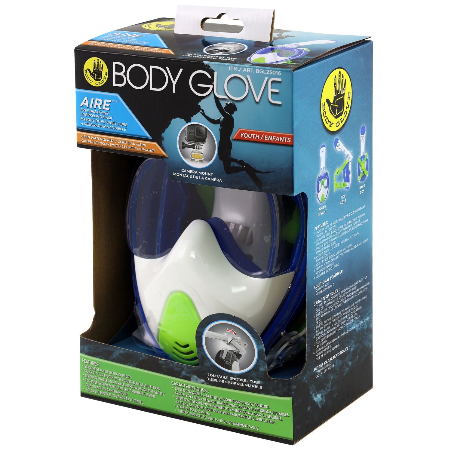 BODY GLOVE JUNIOR FREE BREATHING SNORKELING MASK (WITH GOPRO CAMERA MOUNT) JUNIOR FREE BREATHING SNORKELING MASK