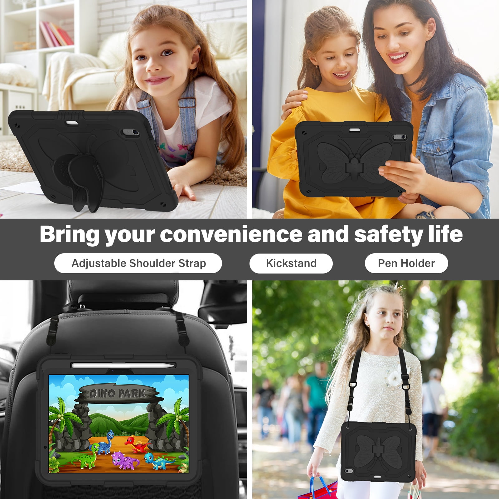 For iPad Air 11 M4 M3 M2 2026 2025 2024 Case, Cute Butterfly Design Heavy Duty Shockproof Shoulder Strap Pencil Holder Kickstand Bumper Kids Friendly Rugged Case for Apple iPad Air 11", Black