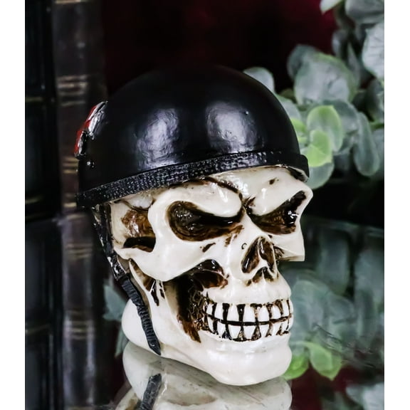Day of The Dead Biker Skull Skeleton with Red Cross Black Helmet Mini Figurine