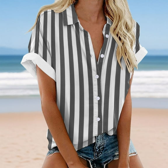 BSDJILFG Plus Size Spring Tops for Women Summer Casual Button Down Cardigan Short Sleeve Collared Summer Striped Hawaiian Shirts ,S-5XL