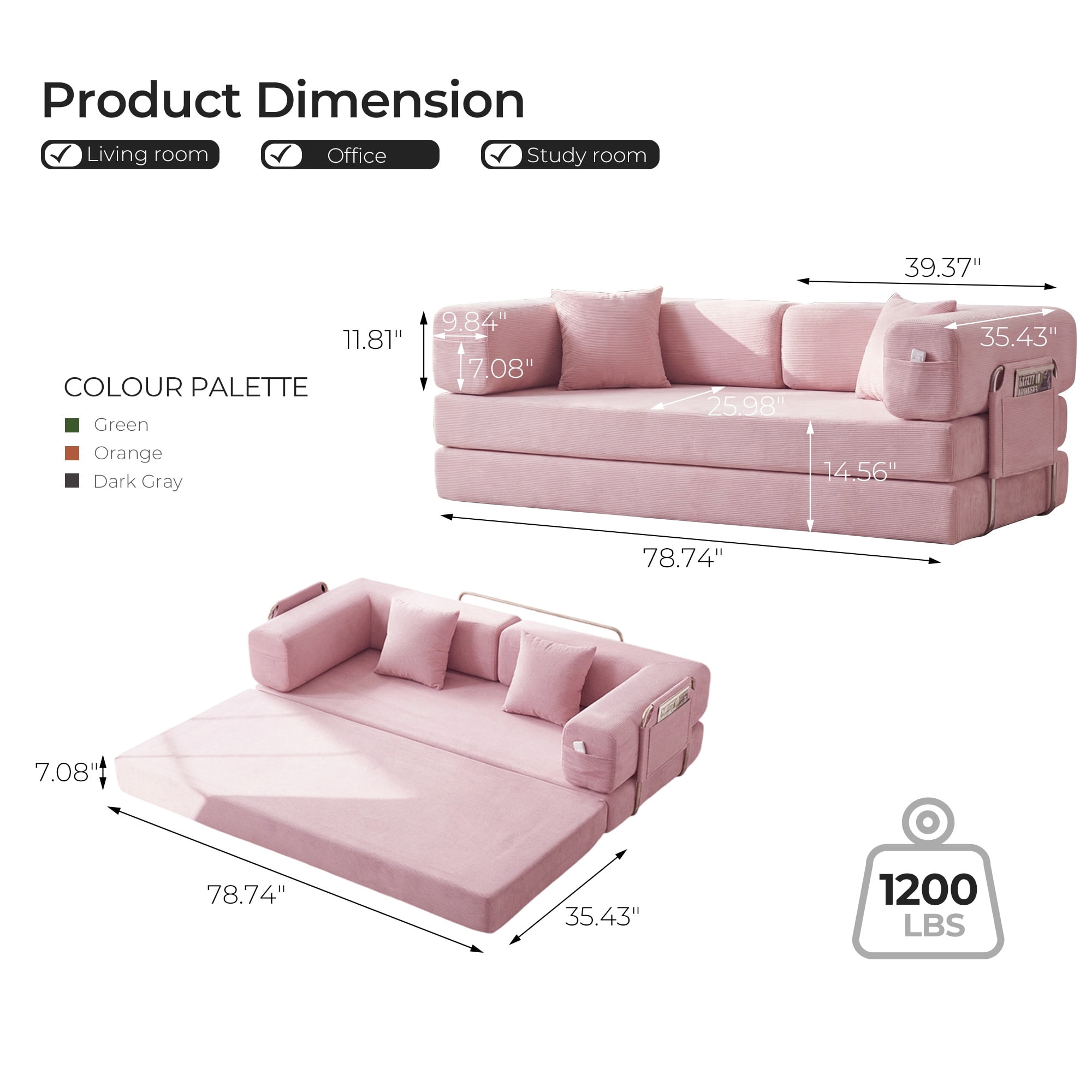 79" Convertible Sofa Bed ,CARZZI LIFE Compressed Floor Boneless Couch Modular Corduroy Sleeper Sofa, Folding Mattress Couch for Small Spaces - No Assembly Needed in Pink with Storge