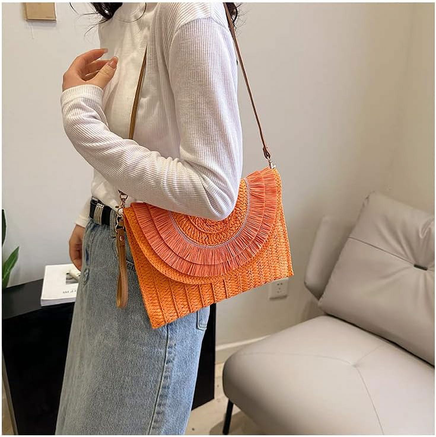 Crossbody Bags for Women, Straw Clutch Purses, Bohemian Handmade Woven Envelope Package, Tassel Handbags for Women