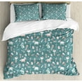 thumbnail image 1 of Fantasy King Size Duvet Cover Set, Pattern with Castle Flag Shield Horse and Little Prince on Blue Backdrop, Decorative 3 Piece Bedding Set with 2 Pillow Shams, Teal Peach and Grey, by Ambesonne, 1 of 3