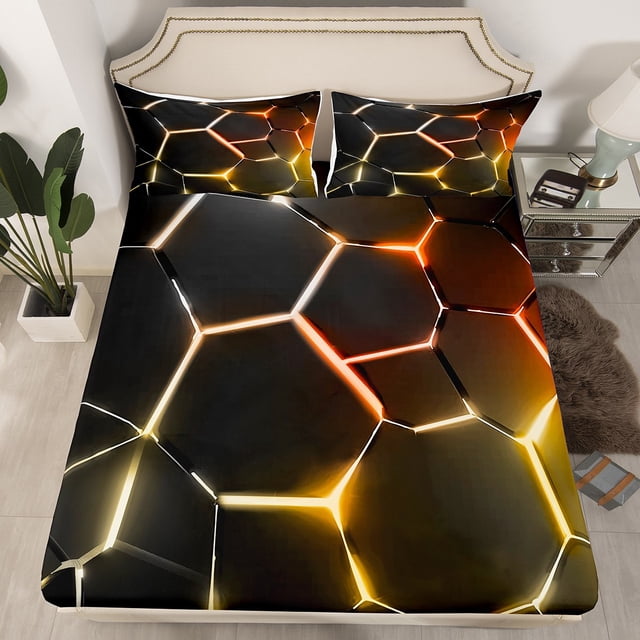 Erosebridal Neon Honeycomb Fitted Sheet Queen, Gradient Geometric Fitted Sheet Set Queen, Modern Theme Decor,(No Top Sheet)