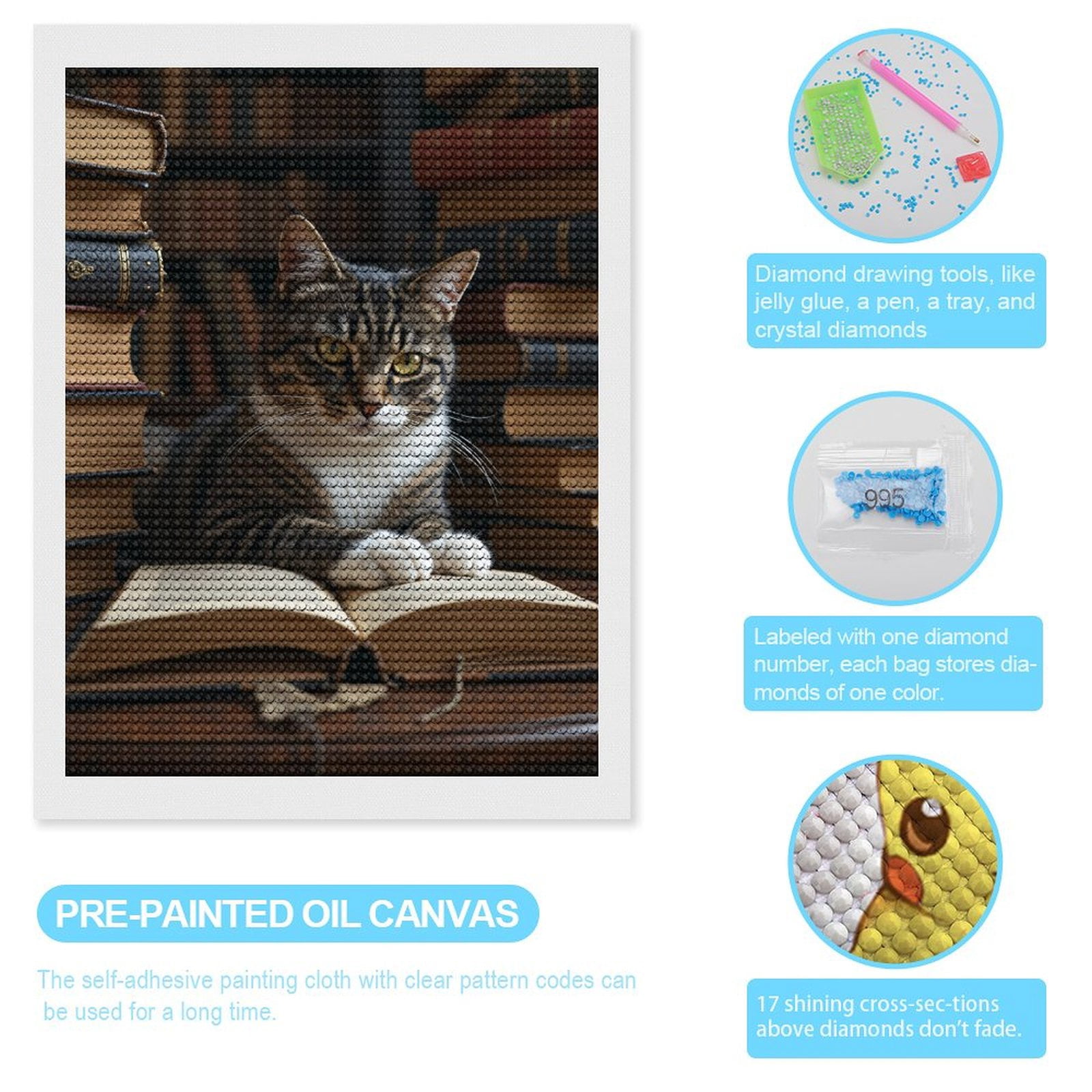 Diamond Art Kits for Adults, Cat Amongst Ancient Books Stack 5D Diamond Painting Kits for Adults Beginners, DIY Full Drill Diamond Painting, Gem Art and Crafts 12x16