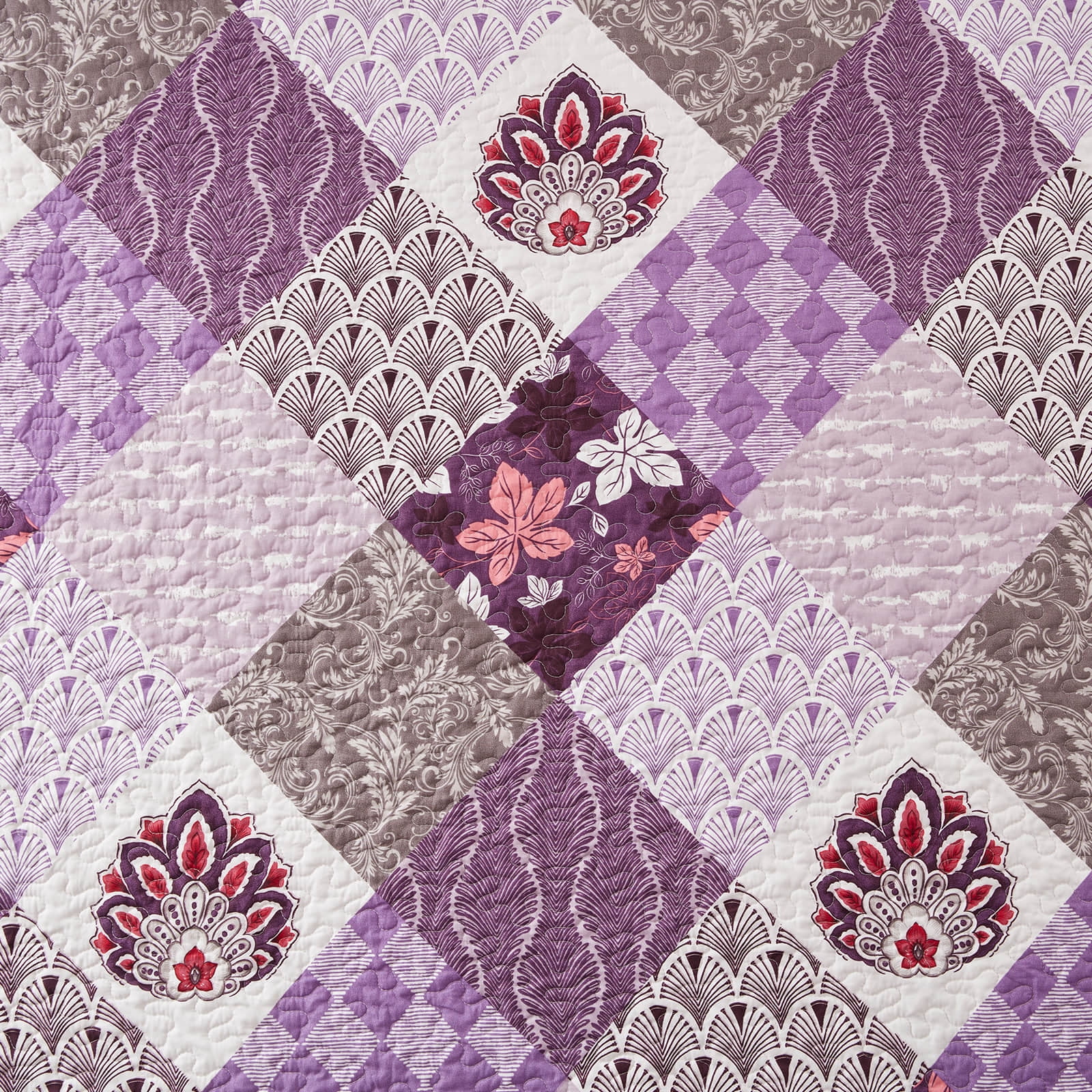 3-Piece Full/Queen Size Quilt Set - Purple Patchwork Bedspread Coverlet with 2 Pillow Shams, Microfiber