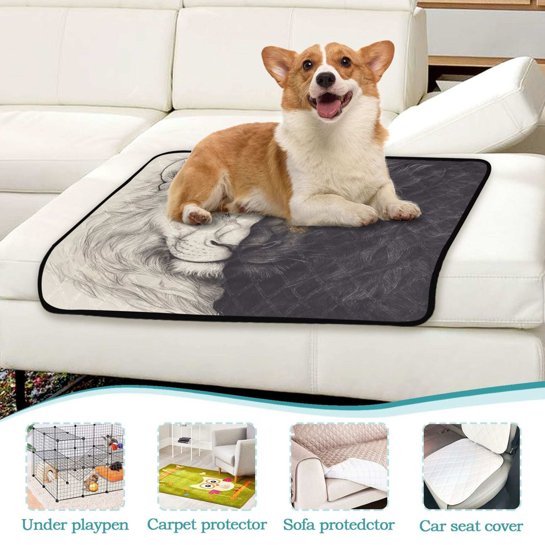 Qxltty Black and White Lion Cat litter Pads Pet Set of 3 Diaper Mats Center Anti-leakage Layer Absorbent Soft and Comfortable